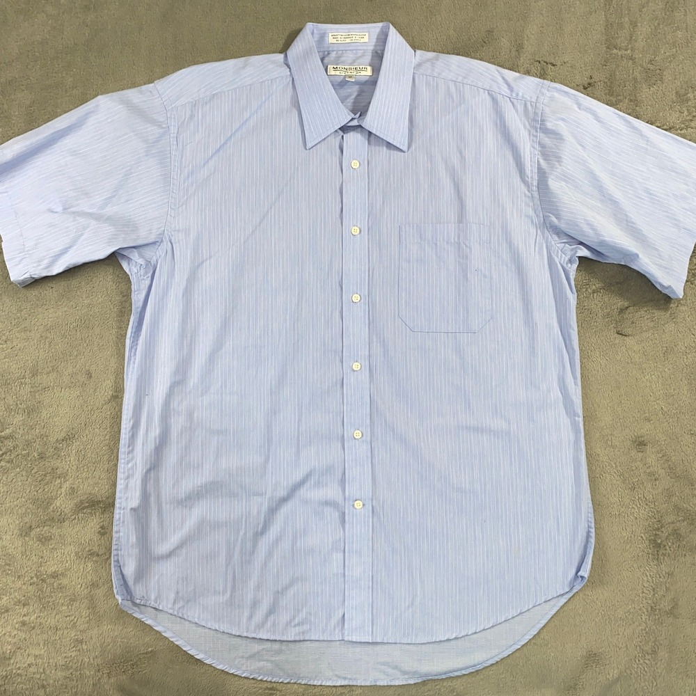 Monsieur Givenchy Shirt Men 17 Blue Pinstripe Short Sleeve Button Down Vintage
